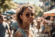 proud young adult woman or teenager with sunglasses out in town or city in summer time. Generative AI