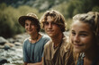 © wetzkaz - young adult man or teenager with friends by a river or lake in the mountains with his friends in summer in sunshine. Generative AI