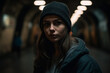 © wetzkaz - young adult woman in a dark narrow underpass or underground parking lot. Generative AI