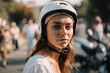 © wetzkaz - young adult woman have fun riding scooter, leisure time or outing in summer in local small side street, more people or tourists in the background. Generative AI