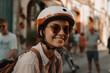 © wetzkaz - young adult woman have fun riding scooter, leisure time or outing in summer in local small side street, more people or tourists in the background. Generative AI