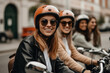 © wetzkaz - young adult women in a group, having fun riding a scooter, renting a scooter and exploring the city. Generative AI