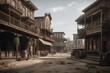 Rendered 3D wild west town street with old wooden buildings. Generative AI