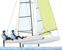 Sailing Two Male Crew Leaning Out In A NACRA 17 Multihull Catamaran Sailboat Isolated On A White Background