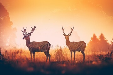 Wall Mural - A generative AI illustration of two deer standing alone in a summer landscape during sunrise