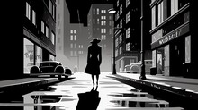 A Film Noir Set In A Gritty, Urban Landscape, Featuring A Stylized Image Of A Woman In A Fedora And Trench Coat Walking Down A Deserted Street, With A Dramatic, Black And White Color Scheme