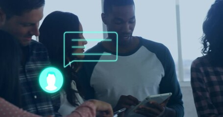 Poster - Animation of social media icons and data processing over diverse business people in office