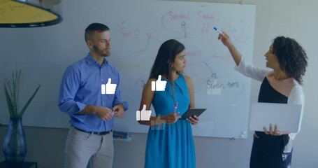 Poster - Animation of social media thumbs up icons over diverse business people in office
