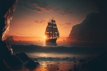 A Sailing Ship At Sunset
