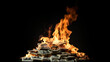 Dollar bills pile burning in close-up over black background, Burning money on fire, fiat Inflation concept