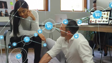 Poster - Animation of network of connections over diverse business people in office