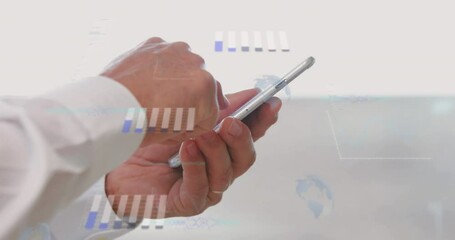 Wall Mural - Animation of financial data processing over caucasian man using smartphone