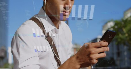 Poster - Animation of financial data processing over biracial man using smartphone