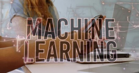 Poster - Animation of machine learning text over caucasian businesswoman using smartphone