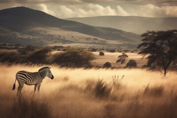 Wall Mural - lone zebra standing in a grassy field. Generative AI