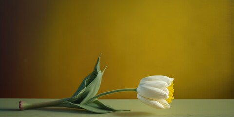 Wall Mural - On a yellow table sits a single white tulip. Generative AI