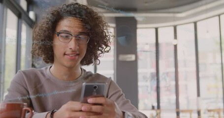 Poster - Animation of financial data processing over biracial man using smartphone in office