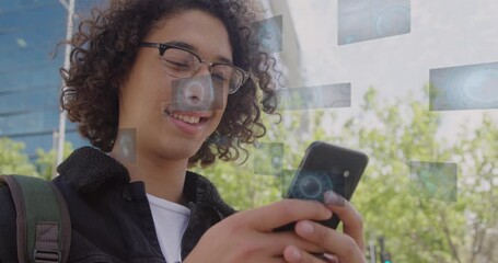 Poster - Animation of digital screens with data processing over biracial man using smartphone