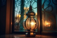 An Illuminated Arabian Lamp Amidst A Blurry Background By A Window. Islamic Holy Night Concept. Generative AI