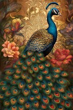 Modern Art Peacock Flowers. Luxury Style Digital Art Generative AI