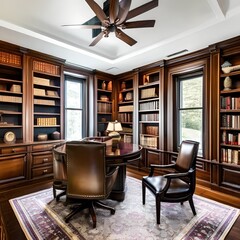 6 A traditional study with dark wood paneling, leather chairs, and built-in bookshelves2, Generative AI
