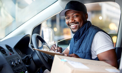Poster - Your parcel is on its way. Shot of young man delivering a package while sitting in a vehicle.