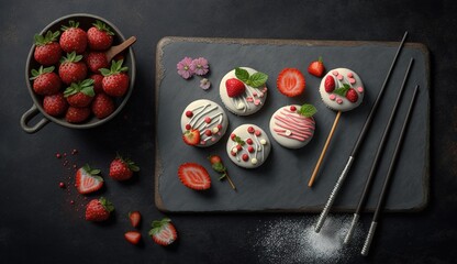 Wall Mural - Top, close-up of small, creamy cakes, fresh strawberries, and candy sticks on a grey table Generative AI