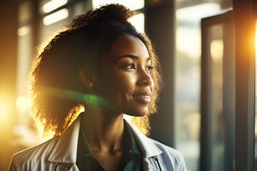 Portrait of happy female doctor standing by the window in clinic, generative ai