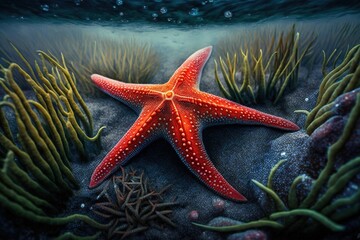 Wall Mural - Echinaster sepositus, a kind of red starfish, may be found on the ocean bottom. Generative AI