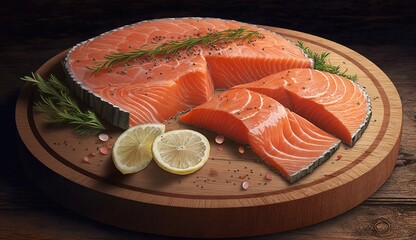 Wall Mural - Red salmon slices on a wooden board. Generative AI