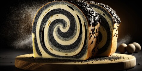 Fototapete - Homemade poppy seed bread with a sweet swirl Generative AI