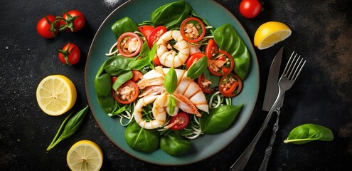 Sticker - Squid ink, cherry tomatoes, and baby spinach leaves in a light dressing. healthy and tasty fish and veggie meal. Vertical Copy Space Generative AI