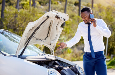 Poster - I need you guys here asap. Cropped shot of a handsome businessman on the phone with roadside assistance after suffering a vehicle breakdown.