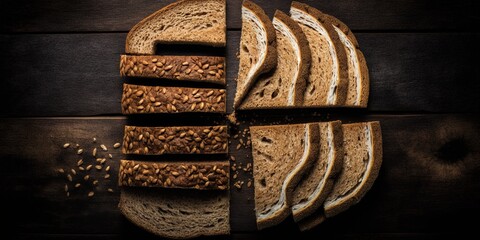 Wall Mural - One-Up Perspective image of whole grain bread slices on a wooden table Generative AI