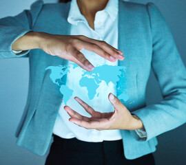 Aufkleber - Focused on growth. Cropped shot of an unrecognisable businesswoman standing alone in the office and holding a cgi globe.