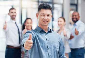 Poster - Weve got everything you need. Shot of a group of businesspeople showing a thumbs up in an office at work.