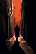 Illustration of stalker man in alley following, shadow in an alleyway