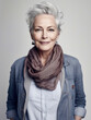 © Trinette Reed - Portrait of stylish mature senior woman with silver hair in studio. Generative AI.