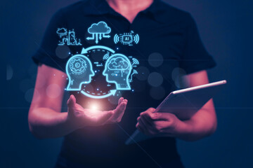Poster - Chatbot chat with AI. Artificial intelligence. The concept of accessing imagination by feeding commands to Ai to create what is in our mind with futuristic technology through the Internet.