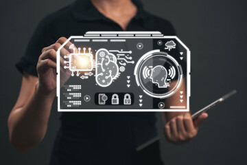 Poster - Chatbot chat with AI. Artificial intelligence. The concept of accessing imagination by feeding commands to Ai to create what is in our mind with futuristic technology through the Internet.