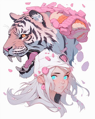 Wall Mural - Illustration of a girl with tiger. Surreal composition portrait. Sticker on white background.