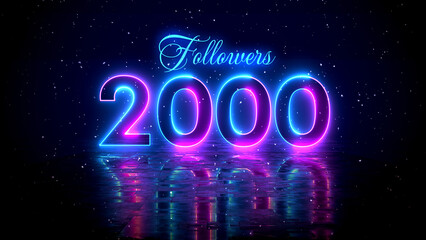 Futuristic Blue Purple Glowing Neon Light 2000 Followers Lettering With Floor Reflection Amid The Falling Snow On Dark Background