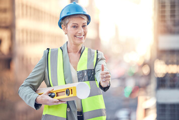 Sticker - Were good to go. Cropped portrait of an attractive female construction worker giving thumbs up while standing on a building site.