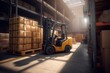 Cargo being transported by forklift in a warehouse with pallet stacker truck equipment. 3D rendering. Generative AI