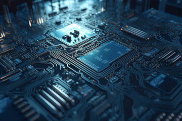 Poster - Futuristic Blue Circuit Board Texture with Glowing Dots and Lines , Generative AI	

