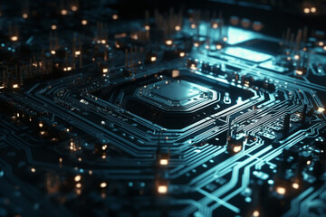 Poster - Futuristic Circuit Board Background with Glowing Lines and Dots, Futuristic Circuit Board Background with Glowing Lines and Dots, Generative AI	