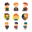 © Freshcare - Kids read book, kids reading children literature, flat vector illustration