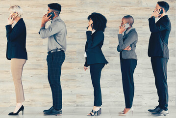 Poster - There is no traffic jam along the extra mile. Shot of a group of businesspeople waiting in line and using a phone at an office.