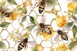 Seamless pattern featuring watercolor honeycomb and bees. Generative AI