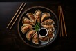Top-down view of pork and mushroom gyoza on a porcelain platter. Generative AI
